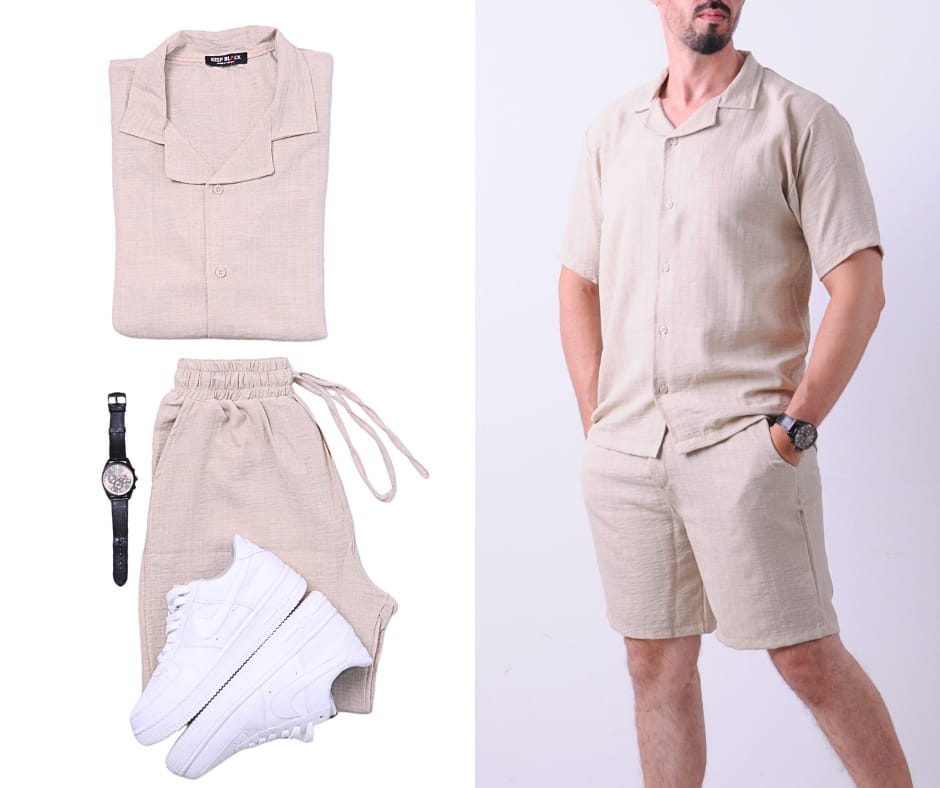Ensemble Chemise+Short effet Lin – Élégance Décontractée